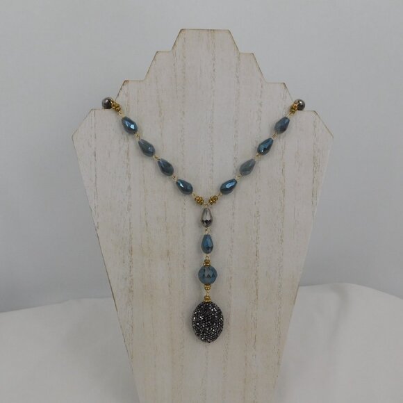 Rush by Denis and Charles Necklace Blue Faceted Teardrop Beads Sparkly Gold Tone - Picture 2 of 7